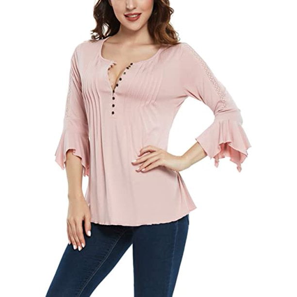 MISS MOLY Womens Bell Sleeve Blouse Button Decor Pleated Round Neck Lace Inset 3/4 Sleeve Henley Shirts MISS MOLY Womens Bell Sleeve Blouse Button Decor Pleated Round Neck Lace Inset 3/4 Sleeve Henley Shirts
